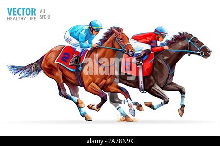 Due cavalli da corsa in concorrenza gli uni con gli altri. Sport. Campione. Ippodromo. Racetrack. Equestrian. Derby. Velocità. Isolato su sfondo bianco. Vettore Illustrazione Vettoriale