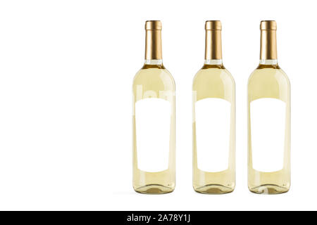 Tre bottiglie di vino bianco su sfondo bianco Foto Stock