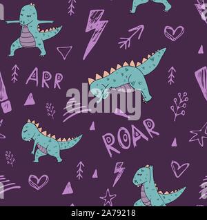 Dinosauro nello Yoga asana disegnati a mano vector pattern senza giunture Illustrazione Vettoriale