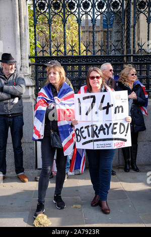 Westminster, Inghilterra, Regno Unito. Il 31 ottobre 2019. Il termine per la Brexit, lasciare i manifestanti di fronte alla House of Commons protestando le ultime ritardo nel processo, e di fatto il risultato del referendum continua a non mettere in atto. Segno 17.4M tradito . Foto Stock