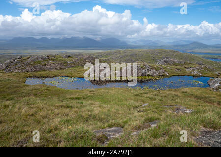 Piccolo lago di montagna con acqua lillies a Connemara, nella contea di Galway Irlanda Foto Stock