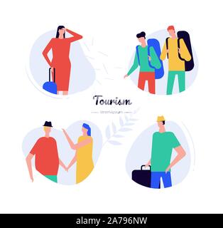 Turismo - design piatto vettore di stile il set di caratteri Illustrazione Vettoriale