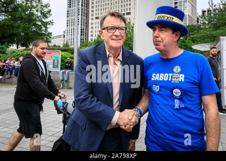 Peter Mandelson, Signore Mandelson, del partito laburista britannico del candidato, sorrisi, scuote le mani con Steven Bray, Stop Brexit uomo e protester, Londra Foto Stock