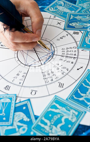 Mano di un astrologo di compilazione di un grafico di astrologia con una penna di piuma Foto Stock