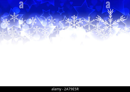 Blu, bianco Natale con sfondo bokeh, stelle e fiocchi di neve Foto Stock