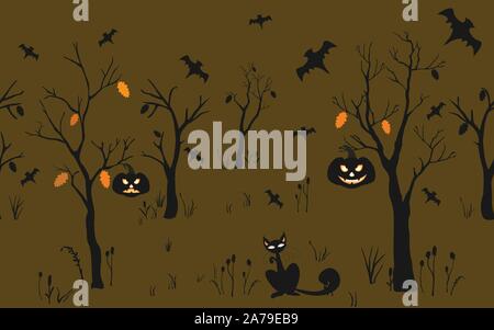 Carino poster di Halloween con zucche, cat, alberi e zucche. Illustrazione Vettoriale Illustrazione Vettoriale