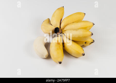 Piccole banane mature in un mucchio dei Caraibi savoiardi giallo esotico sfondo bianco Foto Stock