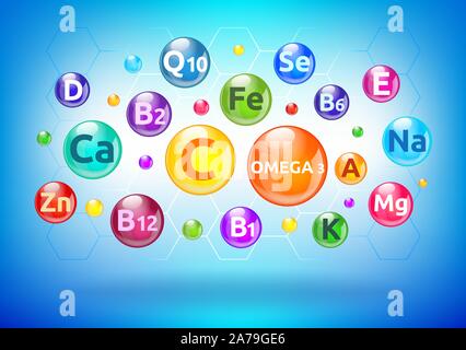 Vitamine e minerali, complesso bolle colorate, sfere con lettere Illustrazione Vettoriale