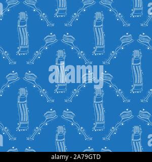 Doodle Medical Seamless Pattern con spazzolino da denti su sfondo blu. Igiene orale concetto. La pulizia della cavità orale Illustrazione Vettoriale
