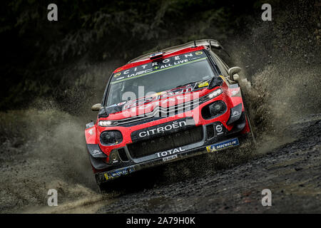 Esapekka Lappi guidando attraverso un watersplash per la Citroen Total World Rally Team nel 2019 WRC Rally Galles GB in Galles, Regno Unito Foto Stock