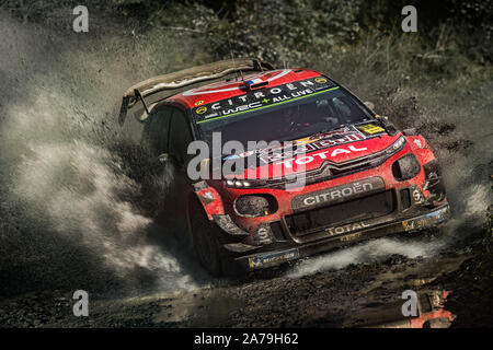 Sebastien Ogier guida attraverso un watersplash nel 2019 WRC Rally Galles GB per la Citroen Racing World Rally Team Foto Stock