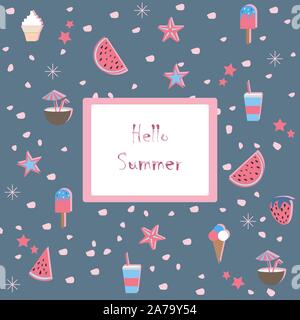 Ciao Estate. Estate Seamless pattern con i cocomeri e fragola. Carino Sfondo, frutta estiva. Illustrazione Vettoriale.Summer Holiday Camp poster. Illustrazione Vettoriale