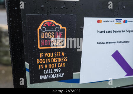 Dogs Die in Hot Cars,attenzione,segno,a,Hereford,Cattedrale,county,città,a,l'Inghilterra,inglese,vicino,Galles,Welsh,confine,Herefordshire,UK,GB,Gran Bretagna,British Foto Stock