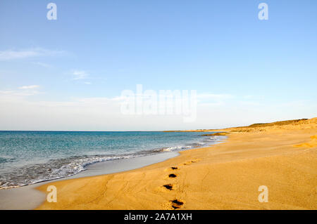Spiaggia di sabbia, onde, camminando sulla spiaggia, orme nella sabbia. Foto Stock