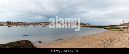 Barfleur, Manche / Francia - 16 Agosto, 2016: panorama di Barfleur e il porto con la bassa marea di sera Foto Stock