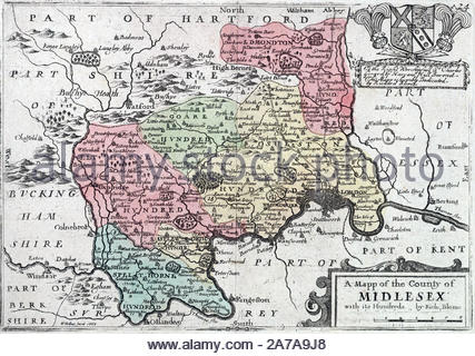 Vintage map del Middlesex, attacco da incisore boemo Wenceslaus Hollar da 1600s Foto Stock