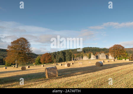 Faggi e balle di paglia colore in questo Autunno in scena al Castello di Kildrummy in Scozia Foto Stock