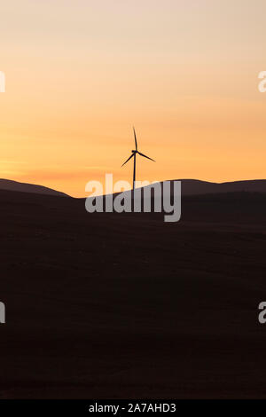 Drumahastie (sud di Barrhill, Ayrshire, in Scozia, Regno Unito ) il mulino a vento di silhouette al tramonto, parte di un grande sulla riva wind farm Foto Stock