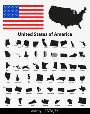 Set di black USA membri su sfondo bianco - illustrazione vettoriale. Semplice piatto mappa - Stati Uniti. Bandiera degli Stati Uniti, mappa generale e tutti i membri individualmente. Illustrazione Vettoriale