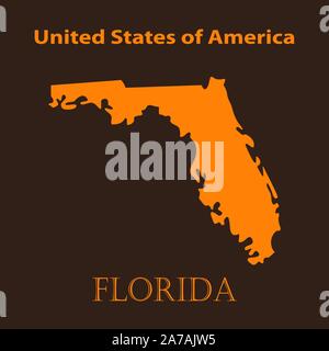 Arancio Florida mappa - illustrazione vettoriale. Piatto semplice mappa della Florida su uno sfondo di colore marrone. Illustrazione Vettoriale