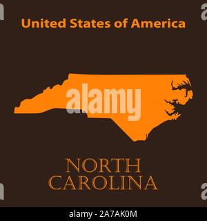 Orange North Carolina map - illustrazione vettoriale. Semplice mappa piatta della Carolina del Nord su un sfondo di colore marrone. Illustrazione Vettoriale