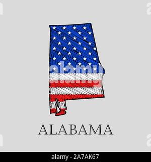 Membro Alabama in stile scribble - illustrazione vettoriale. Abstract mappa piatta di Alabama con l imposizione di noi bandiera. Illustrazione Vettoriale