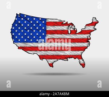 Mappa degli STATI UNITI D'AMERICA, con i colori della bandiera nazionale. Mappa di America nel doodle stile. Mappa di Stati Uniti d'America - illustrazione vettoriale. Illustrazione Vettoriale