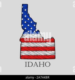 Membro Idaho in stile scribble - illustrazione vettoriale. Abstract mappa piatta di Idaho con l imposizione di noi bandiera. Illustrazione Vettoriale