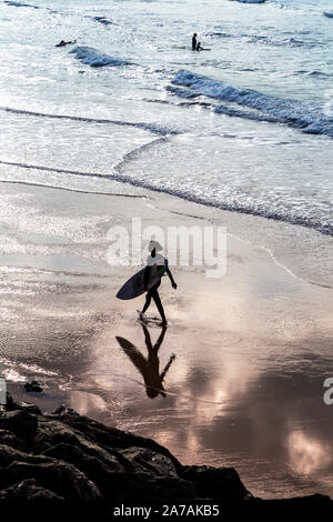 Surfer percorrendo a piedi la Côte des Basques navigando in spiaggia al tramonto a Biarritz, Francia Foto Stock