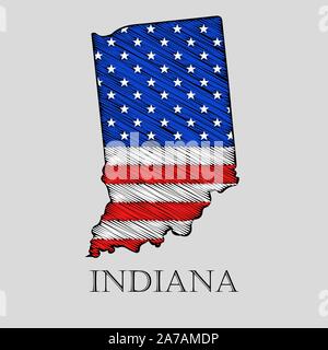 Lo stato dell'Indiana in stile scribble - illustrazione vettoriale. Abstract mappa piatta di indiana con l imposizione di noi bandiera. Illustrazione Vettoriale