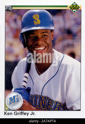 Ken Griffey Jr 1990 Upper Deck rookie baseball card con i Seattle Mariners. Foto Stock