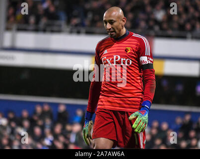 Londra, Inghilterra - 15 febbraio 2019: Heurelho Gomes di Watford mostrato durante il 2018/19 FA Cup quinto round gioco tra il Queens Park Rangers FC e Watford FC a Loftus Road Stadium. Foto Stock