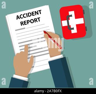 Imprenditore completando Accident Report documento accanto a Kit di primo soccorso - Salute e concetto di sicurezza - vettore raggruppate e facile da modificare Illustrazione Vettoriale