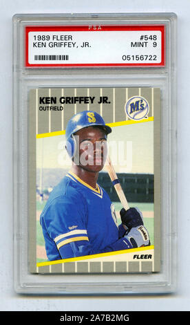 Ken Griffey Jr 1989 Fleer rookie baseball card con i Seattle Mariners. Foto Stock