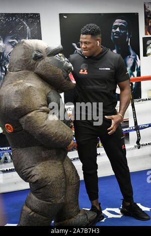 Las Vegas, NV, Stati Uniti d'America. 31 ott 2019. Boxer Luis Ortiz shadowboxes durante l allenamento dei supporti prima della sua lotta contro la WBC Heavyweight Champion Deontay Wilder il 23 novembre a Las Vegas Fight Club di Las Vegas, Nevada, il 31 ottobre 2019. Credito: Damairs Carter/media/punzone Alamy Live News Foto Stock