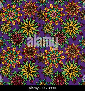Modello senza cuciture con luminosi colorati mandala disegnati fiori Illustrazione Vettoriale
