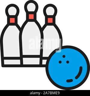 Bowling, sfera con birilli piatta linea colore icona. Illustrazione Vettoriale