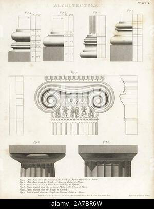 Mansarda, dorico e ionico caratteristiche di architettura greca. Attico basi dal tempio di Giove Olympius e il Tempio di Minerva Polias ad Atene (1,2), dorico base (3) e ionico della base di Vignola (4), capitelli dorici dal portico di Philip nell'isola di Delos (5), dal Tempio di Corinto (6) e capitello ionico dal Tempio di Minerva Polias ad Atene (7). Incisione su rame da Wilson Lowry da Abramo Rees' dell'enciclopedia o dizionario universale delle arti, scienze e letteratura, Longman, Hurst, Rees, Orme e marrone, Londra, 1820. Foto Stock