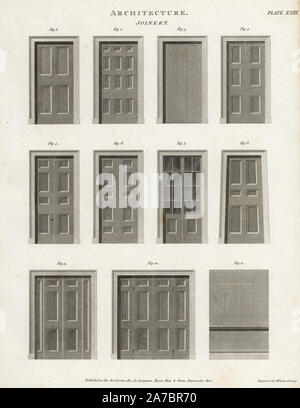 Esempi di falegnameria, porte in legno e finestre. Incisione su rame da Wilson Lowry da Abramo Rees' dell'enciclopedia o dizionario universale delle arti, scienze e letteratura, Longman, Hurst, Rees, Orme e marrone, Londra, 1820. Foto Stock