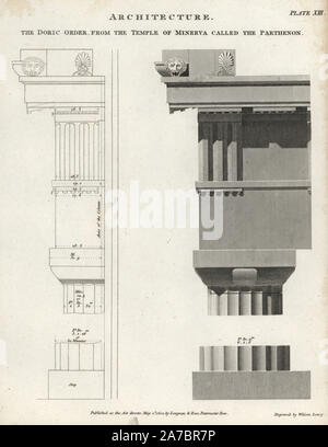 Colonna architettonica, capitale e la base di ordine dorico dal Tempio di Minerva chiamato il Partenone di Atene. Incisione su rame da Wilson Lowry da Abramo Rees' dell'enciclopedia o dizionario universale delle arti, scienze e letteratura, Longman, Hurst, Rees, Orme e marrone, Londra, 1820. Foto Stock