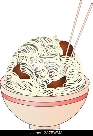 Ciotola con zuppa di noodle con pollo arrosto, king size porzione. Illustrazione Vettoriale