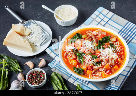 Italiano o borlotti cranberry zuppa di fagioli con sedano, verdure, spinaci, il parmigiano e i pomodori in una ciotola bianco su un tavolo in cemento, vista orizzontale Foto Stock