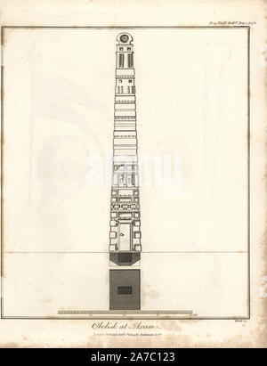 Obelisco di Axum, Etiopia. Incisione su rame da James Bruce 'Viaggi per scoprire la sorgente del Nilo, negli anni 1768, 1769, 1770, 1771, 1772 e 1773", Londra, 1790. James Bruce (1730-1794) era un esploratore scozzese e scrittore di viaggi che hanno speso più di dodici anni nel Nord Africa e in Etiopia. Incisi da Heath dopo un disegno originale da Bruce. Foto Stock