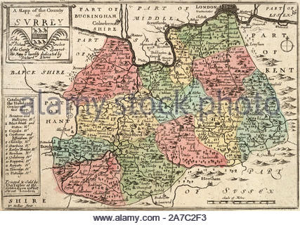 Vintage mappa di Surrey, attacco da incisore boemo Wenceslaus Hollar da 1600s Foto Stock