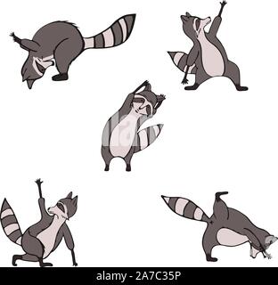 Disegnata a mano raccoon fare yoga. Asana set. Carino wildlife carattere animale fare fitness. Vettore isolato design. Illustrazione Vettoriale