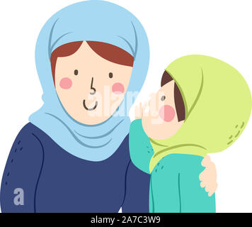 Illustrazione di un bambino bambina indossa Hijab sussurra qualcosa a sua Madre Foto Stock