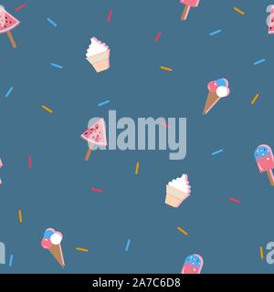Carino il gelato pattern con gelato alla vaniglia, cioccolato gelato il gelato in un cono, spruzza e convogliatori. Illustrazione Vettoriale Illustrazione Vettoriale