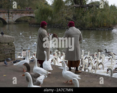 Visitatori stranieri alimentando il waterfowl in Stratford-upon-Avon, Warwickshire, Regno Unito Foto Stock