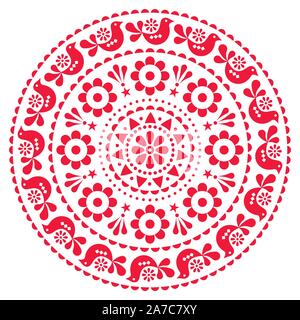 Folk scandinava vettore mandala design pattern - design tondo, grazioso ornamento floreale con uccelli in rosso su sfondo bianco Illustrazione Vettoriale