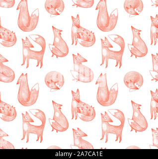 La volpe rossa seamless pattern, disegnato a mano i bambini Prenota carino sketch illustrazione matite colorate di dormire, passeggiate e playiing abstract animali. Foto Stock